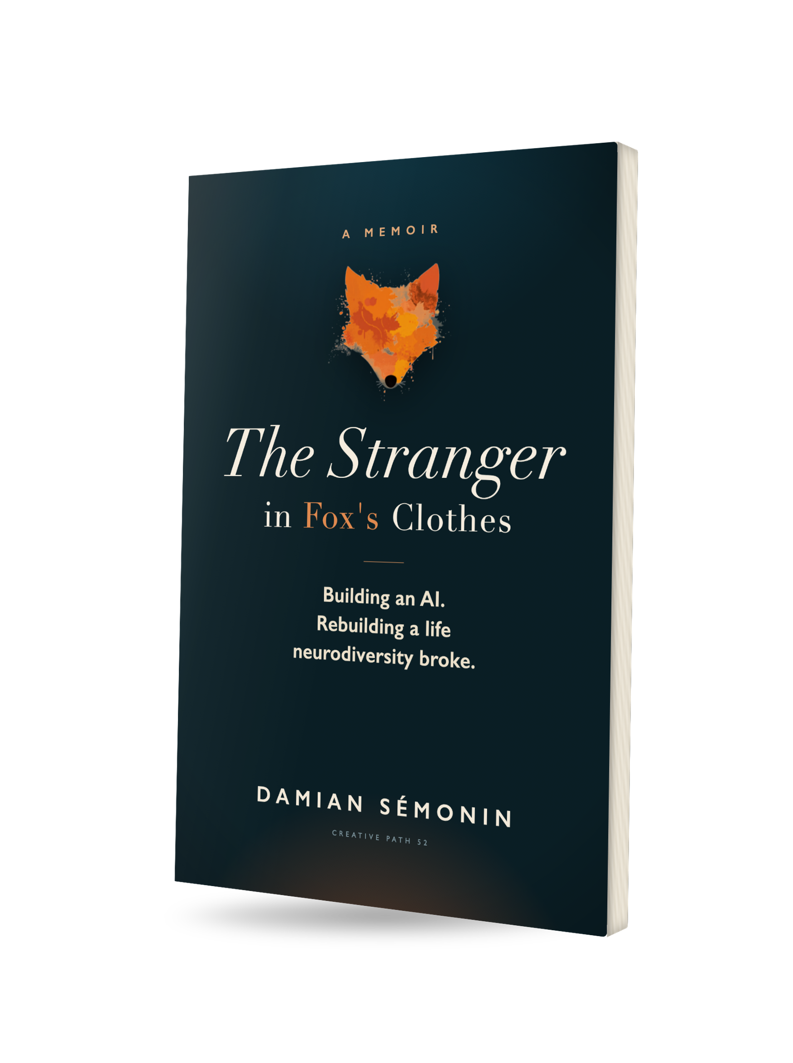 The Stranger in Fox&rsquo;s Clothes — a book by Damian S&eacute;monin, shown as a 3D paperback