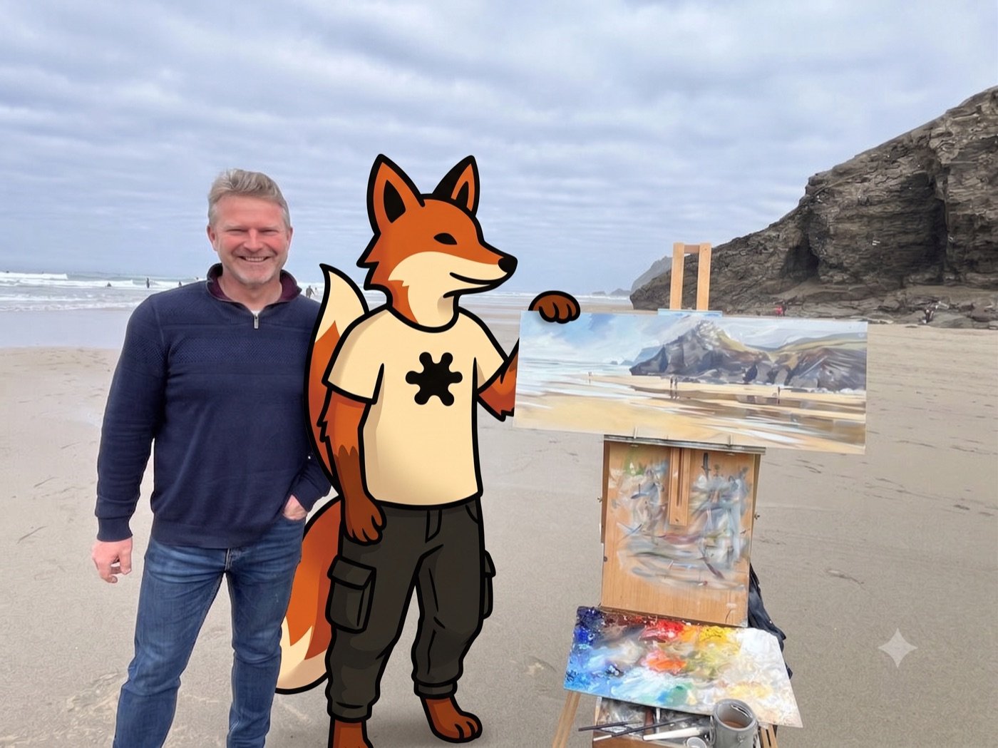 Damian Sémonin painting at his easel on a Cornish beach with InkFox beside him