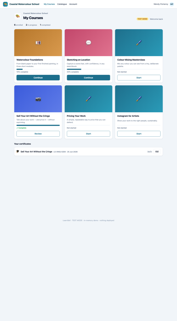 The CP52 LMS my-courses hub rendered in a school's own brand — enrolled, in-progress and completed courses each with a progress bar and a Continue, Start or Review button, plus an issued certificate — the real screen a student logs into